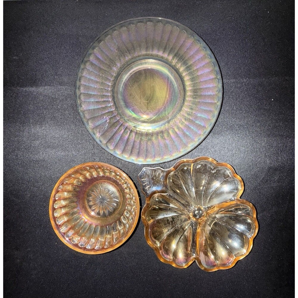 Vintage Peach Iridescent Carnival Glass Lot of 3 Plates Bowls Floral Serving